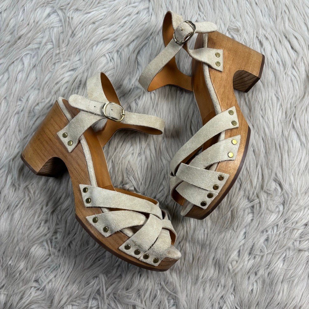 Sezane Women's 39 US 8 Ivory Khaki Suede Strappy Isabelle Clog Sandals Scandi